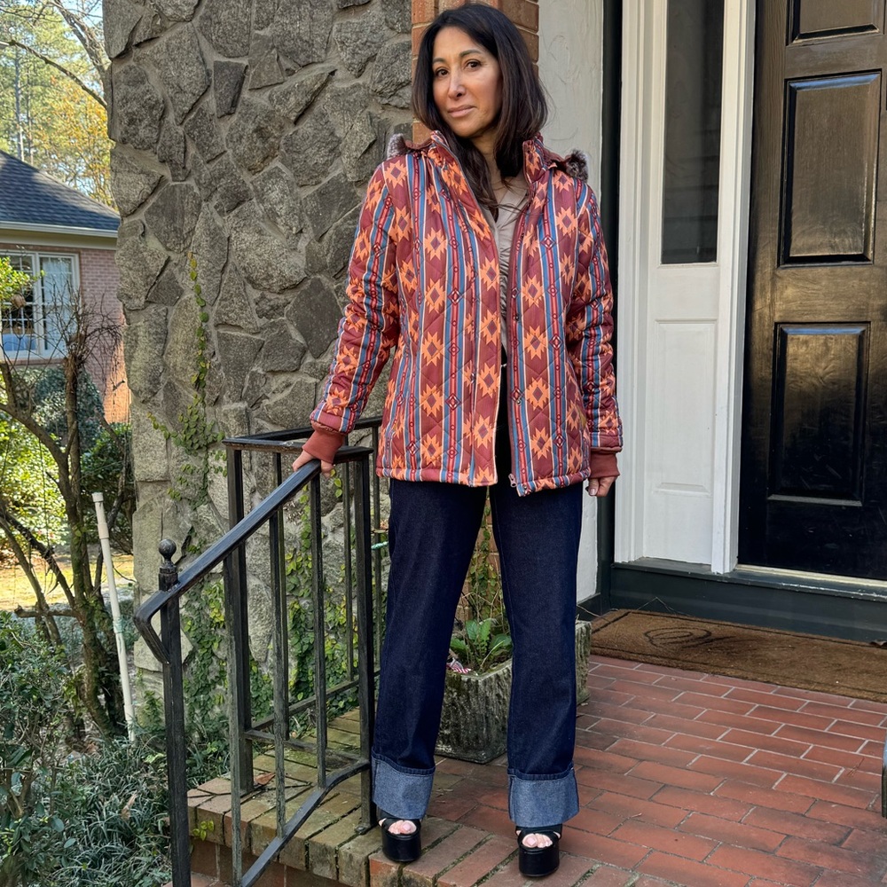 06 Gorgeous Aztec Faux Fur Trim Hooded Quilted Jacket